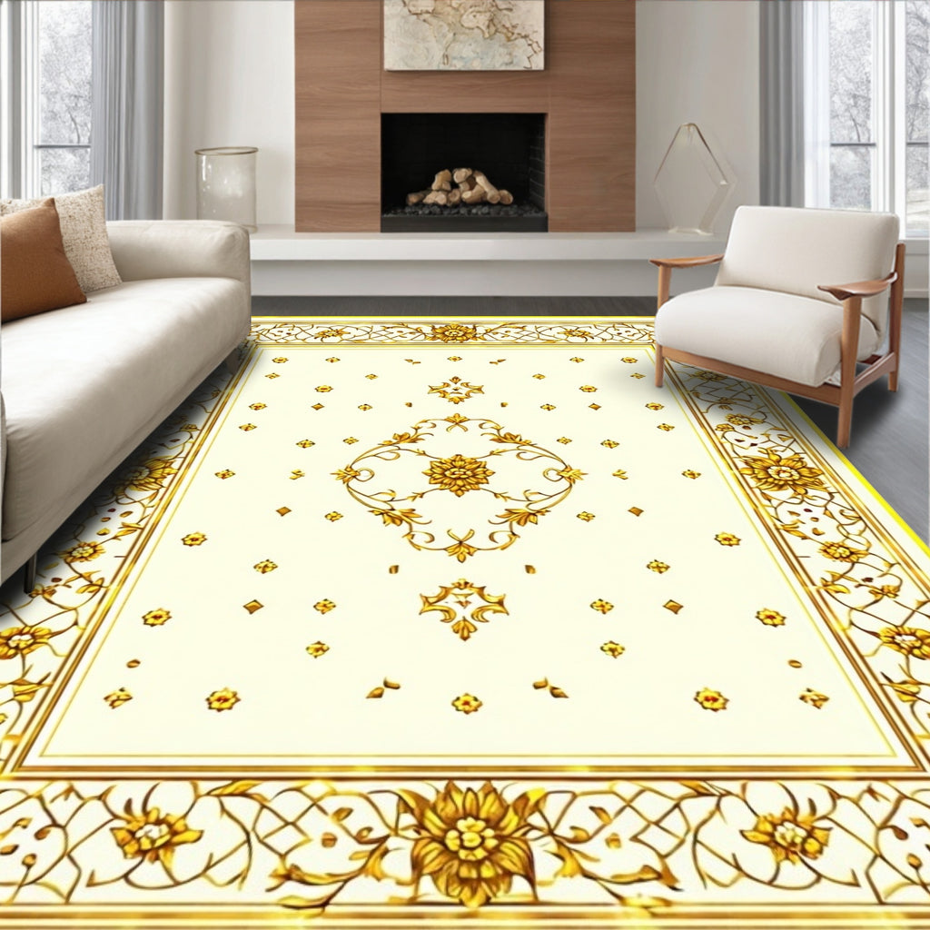 Golden Floral Medallion Detailed Pattern Rug