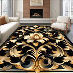 Ornate Golden Floral Scroll Pattern Rug