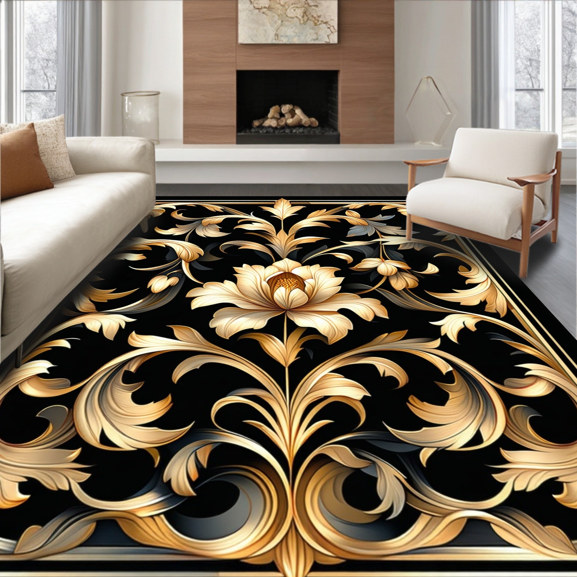 Ornate Golden Floral Scroll Pattern Rug