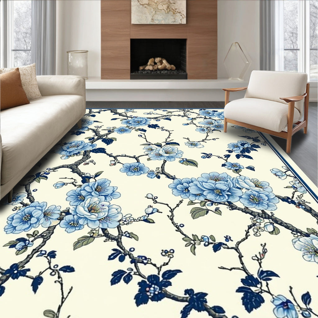 Elegant Blue Blossom Branch Pattern Rug