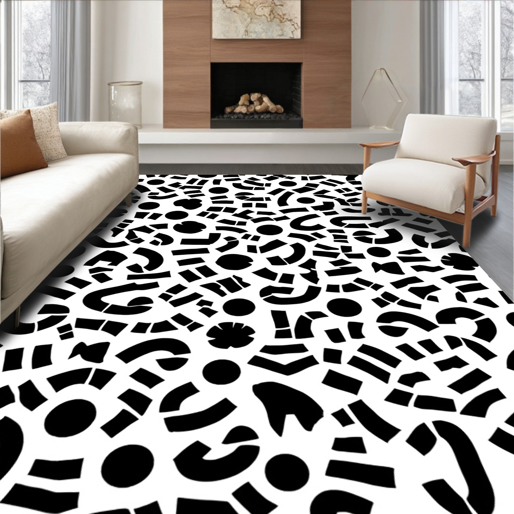 Abstract Black White Organic Pattern Rug