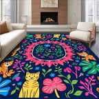 Playful Cats Tropical Flora Art Rug