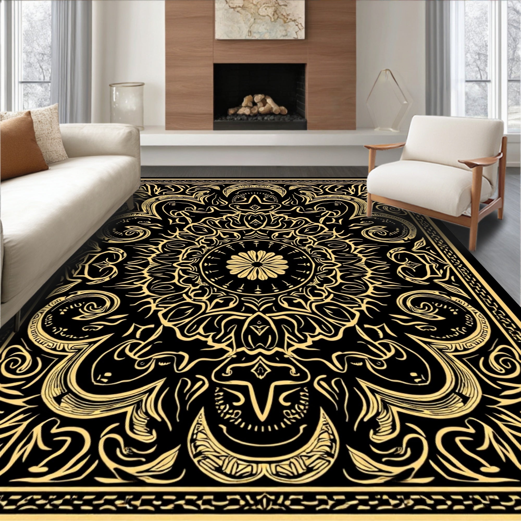 Intricate Floral Mandala Black Gold Rug