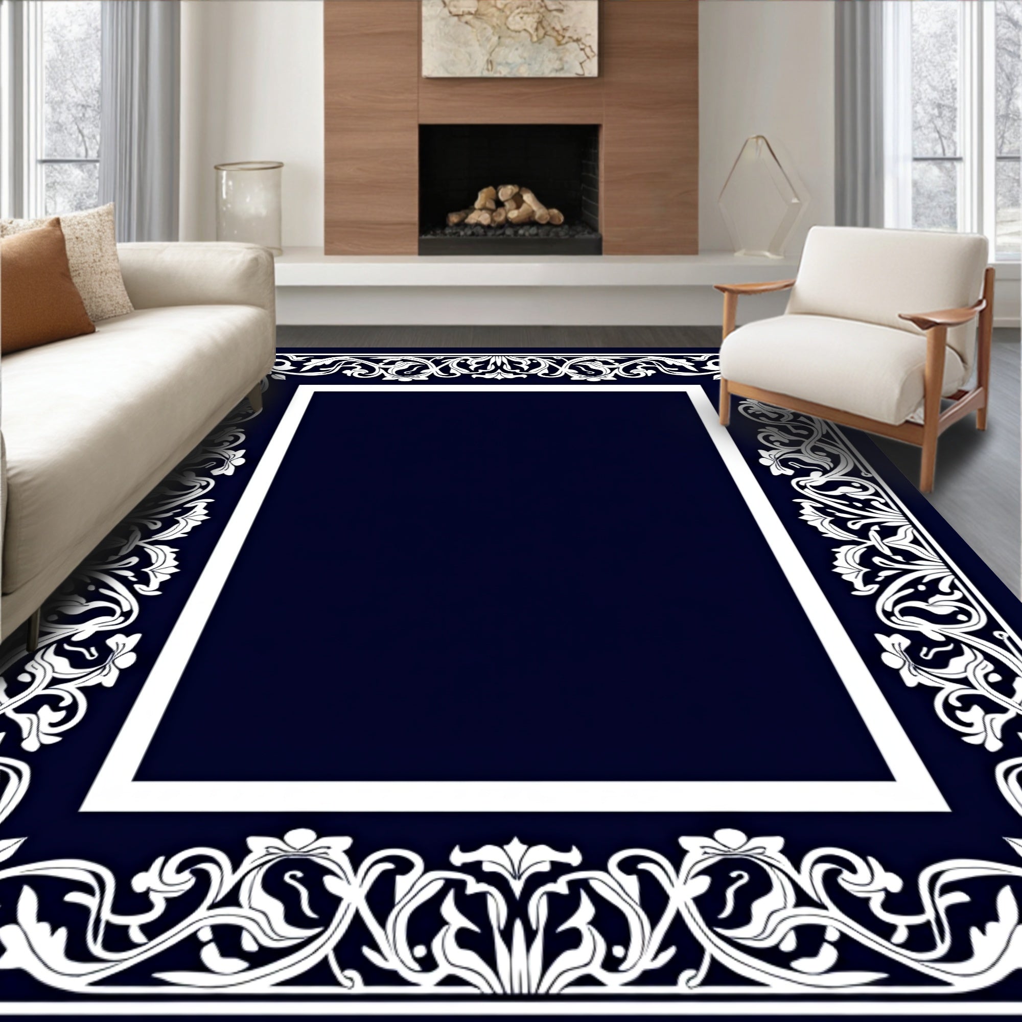 Ornate Floral Scrollwork White Border Rug