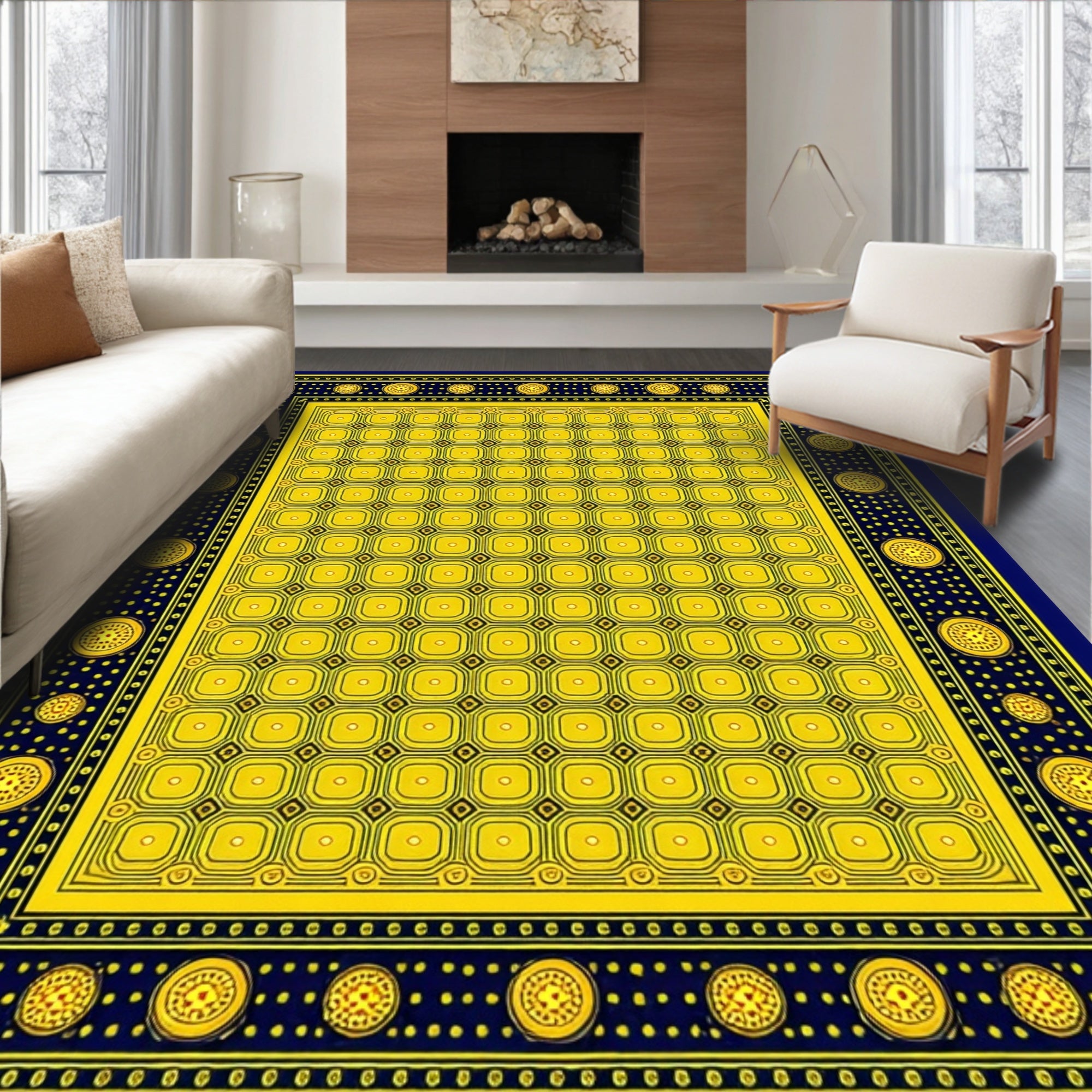 Bold Yellow Blue Geometric Circles Rug