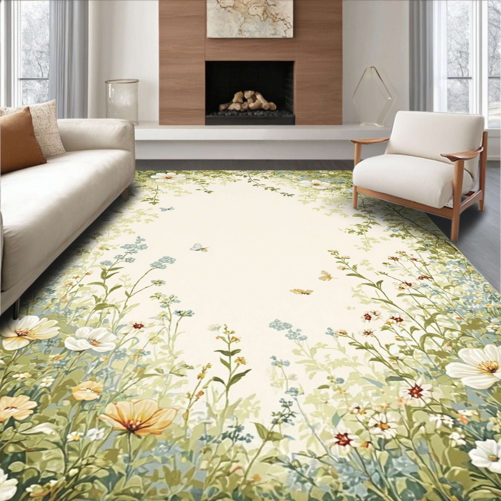 Whimsical Floral Garden With Butterflies Rug