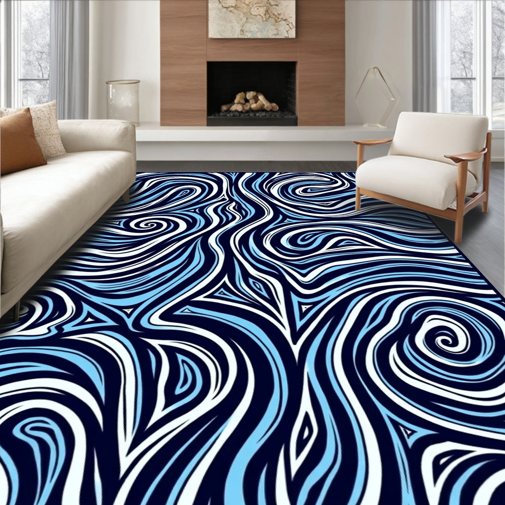 Blue Striped Swirl Abstract Design Rug
