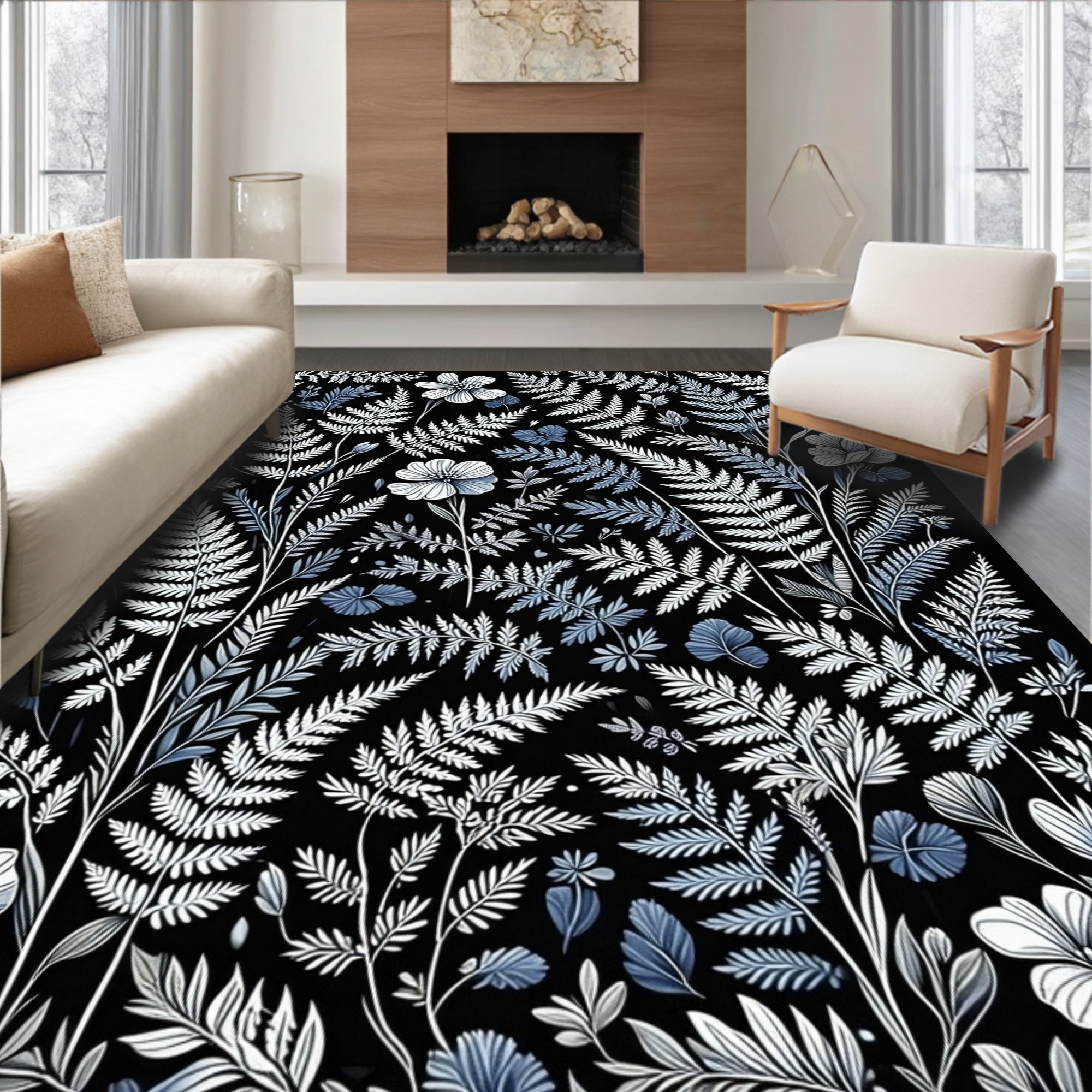 Botanical Fern And Flower Pattern Rug