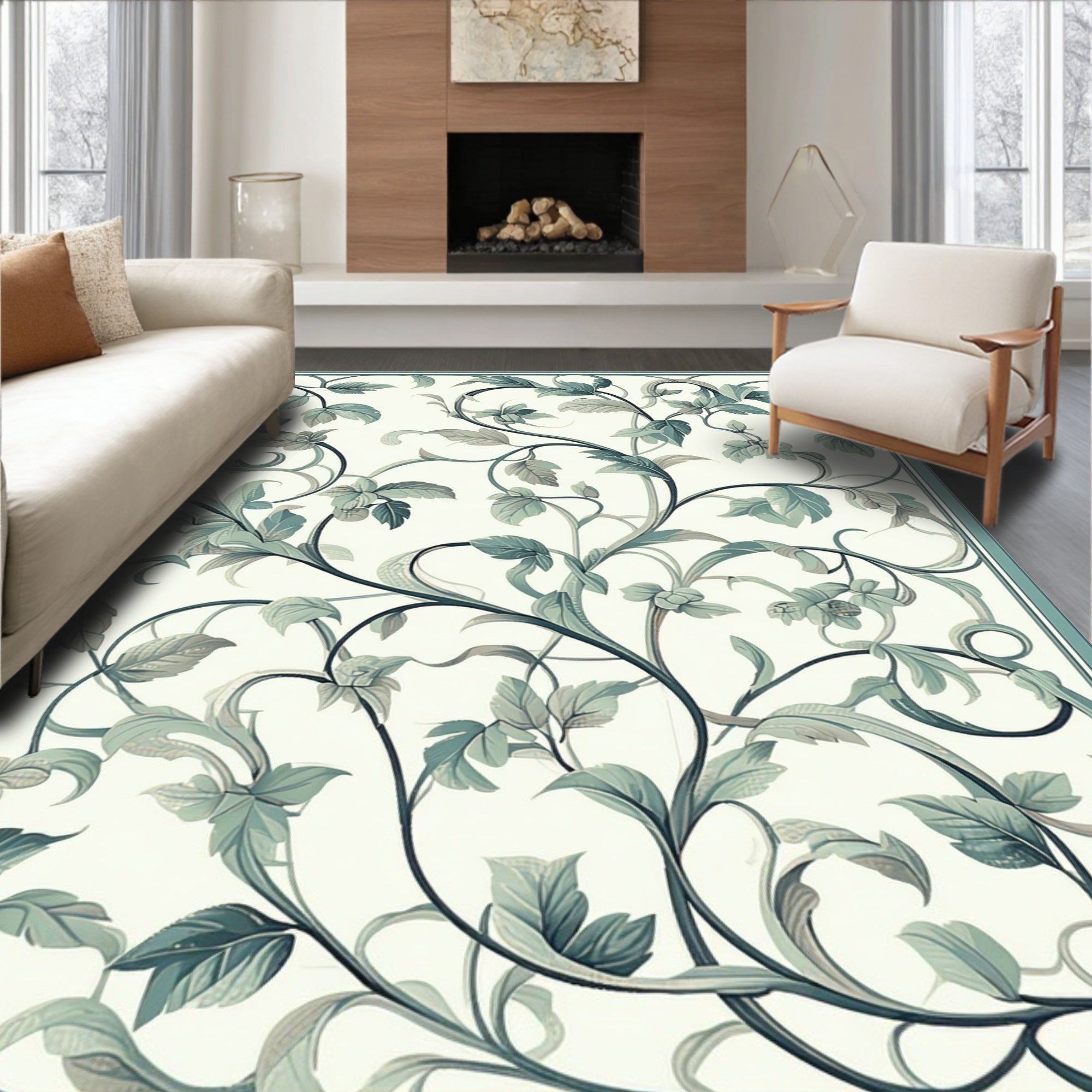 Elegant Emerald Swirl Floral Pattern Rug