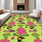 Pink Floral Bees On Lime Green Field Rug