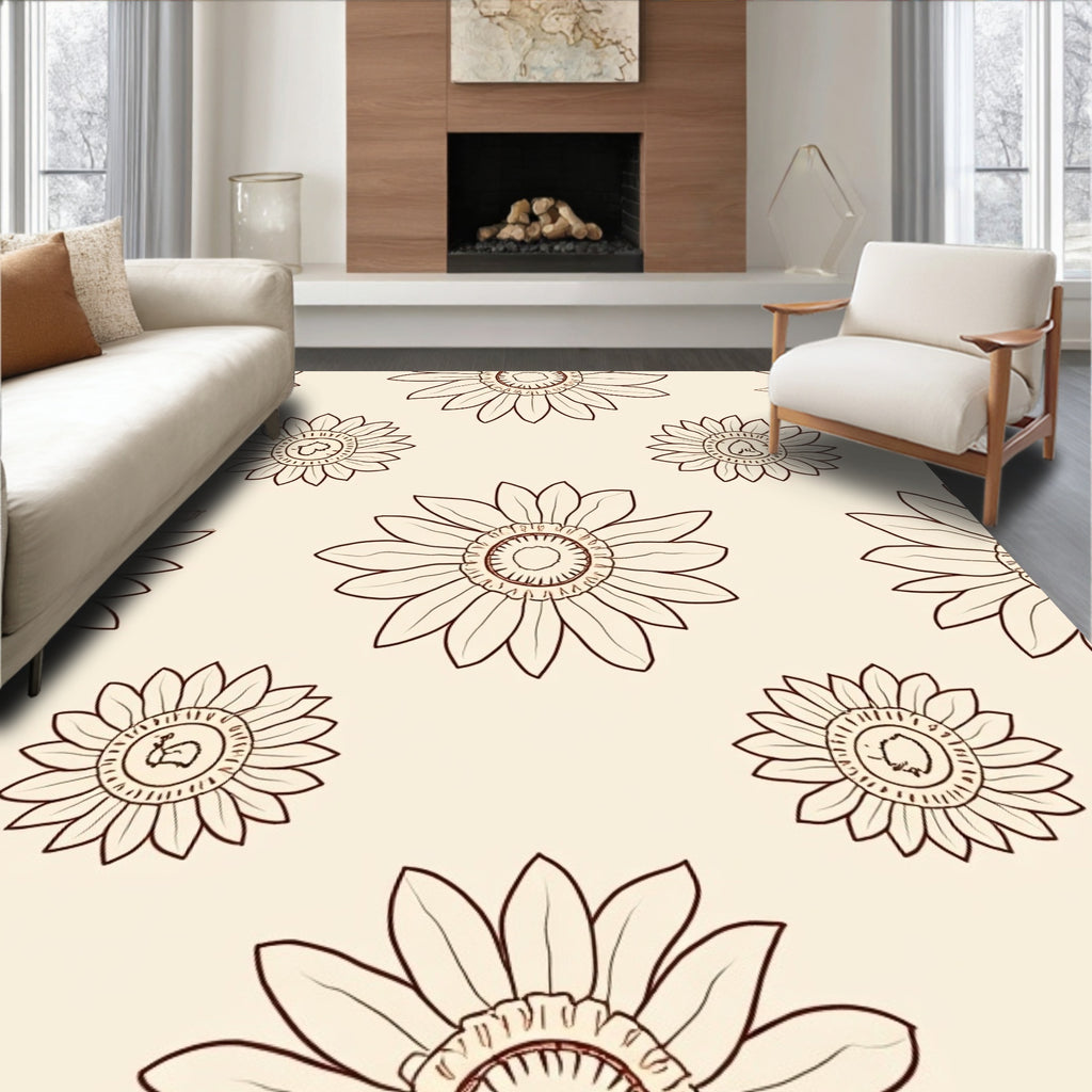 Floral Outline Retro Sunflowers Pattern Rug