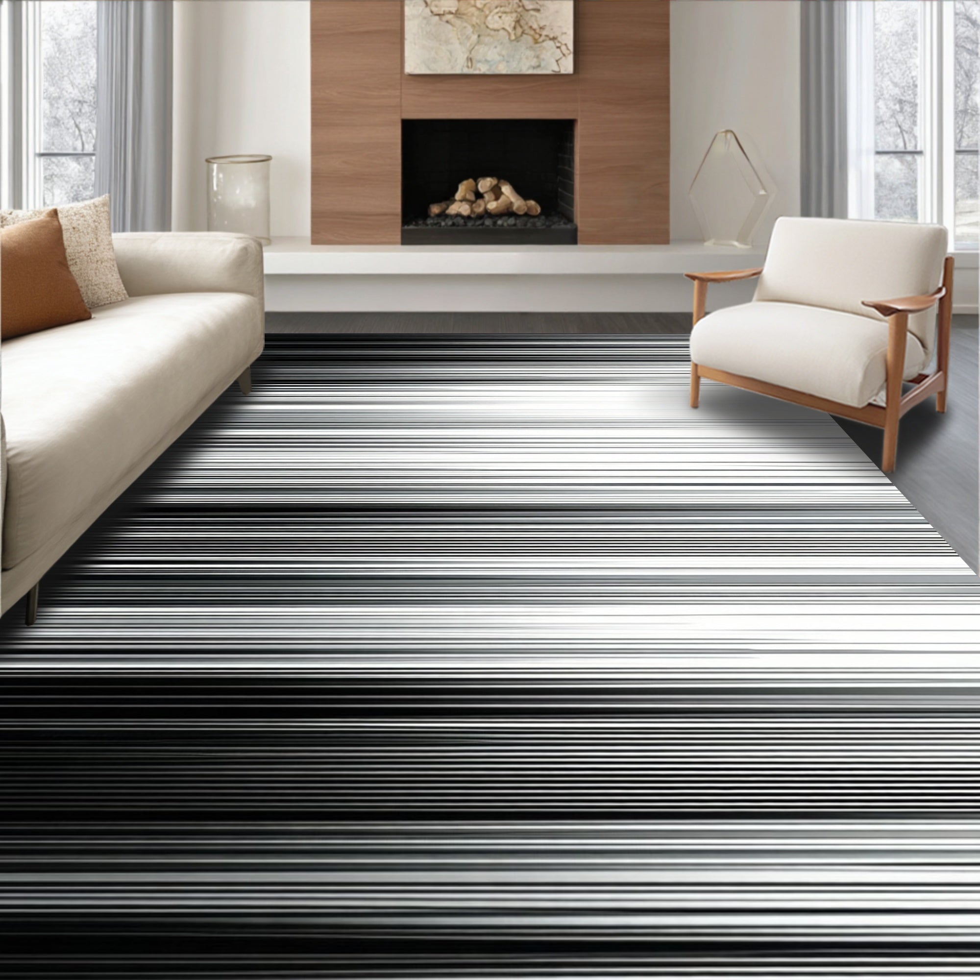 Monochrome Horizontally Lined Pattern Design Rug