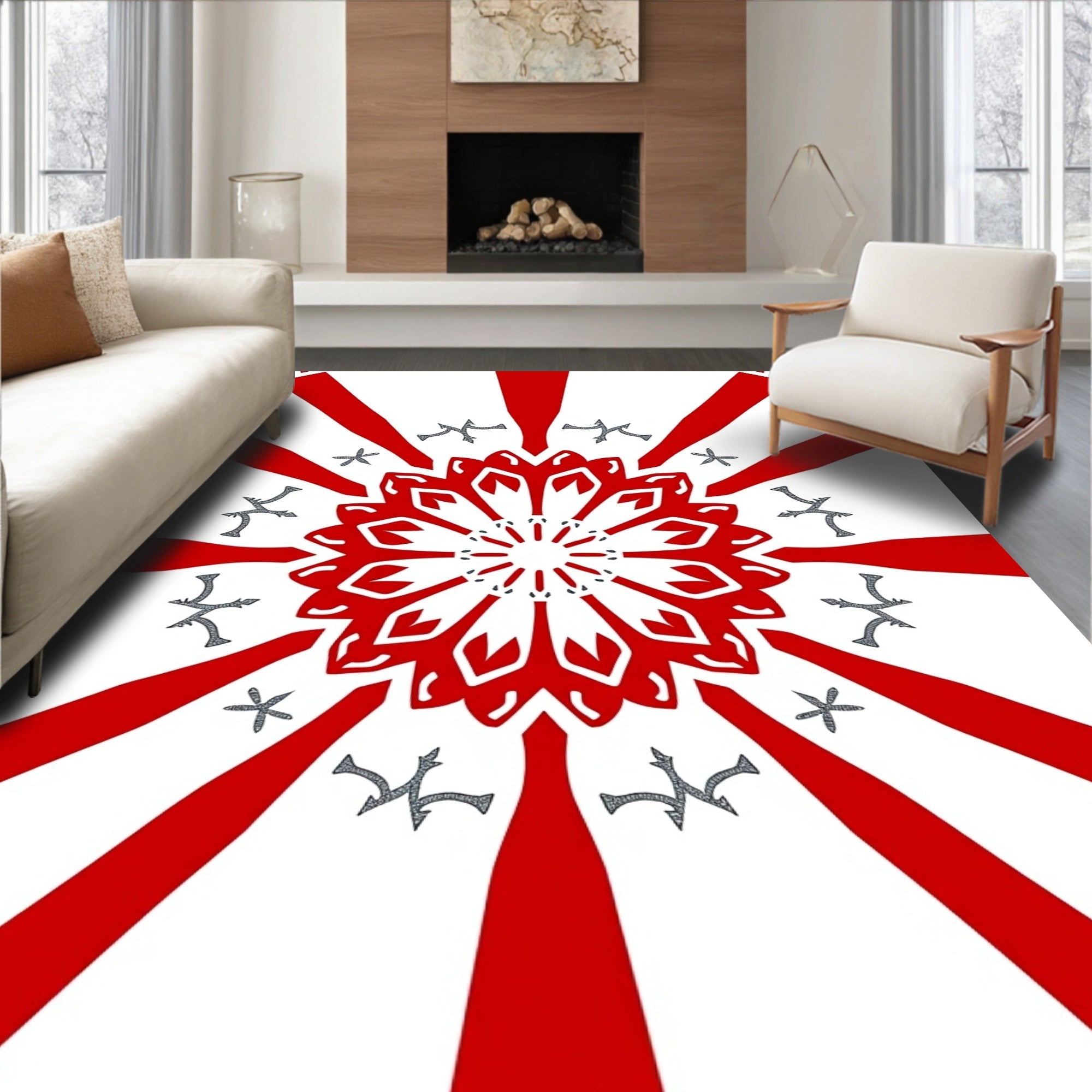 Radiant Red Sunburst Mandala Flock Rug