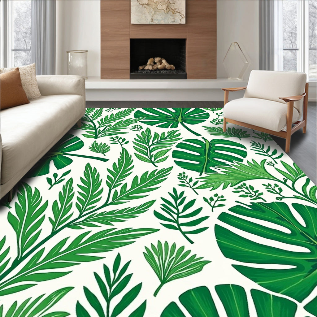 Lush Green Tropical Leaf Pattern Rug