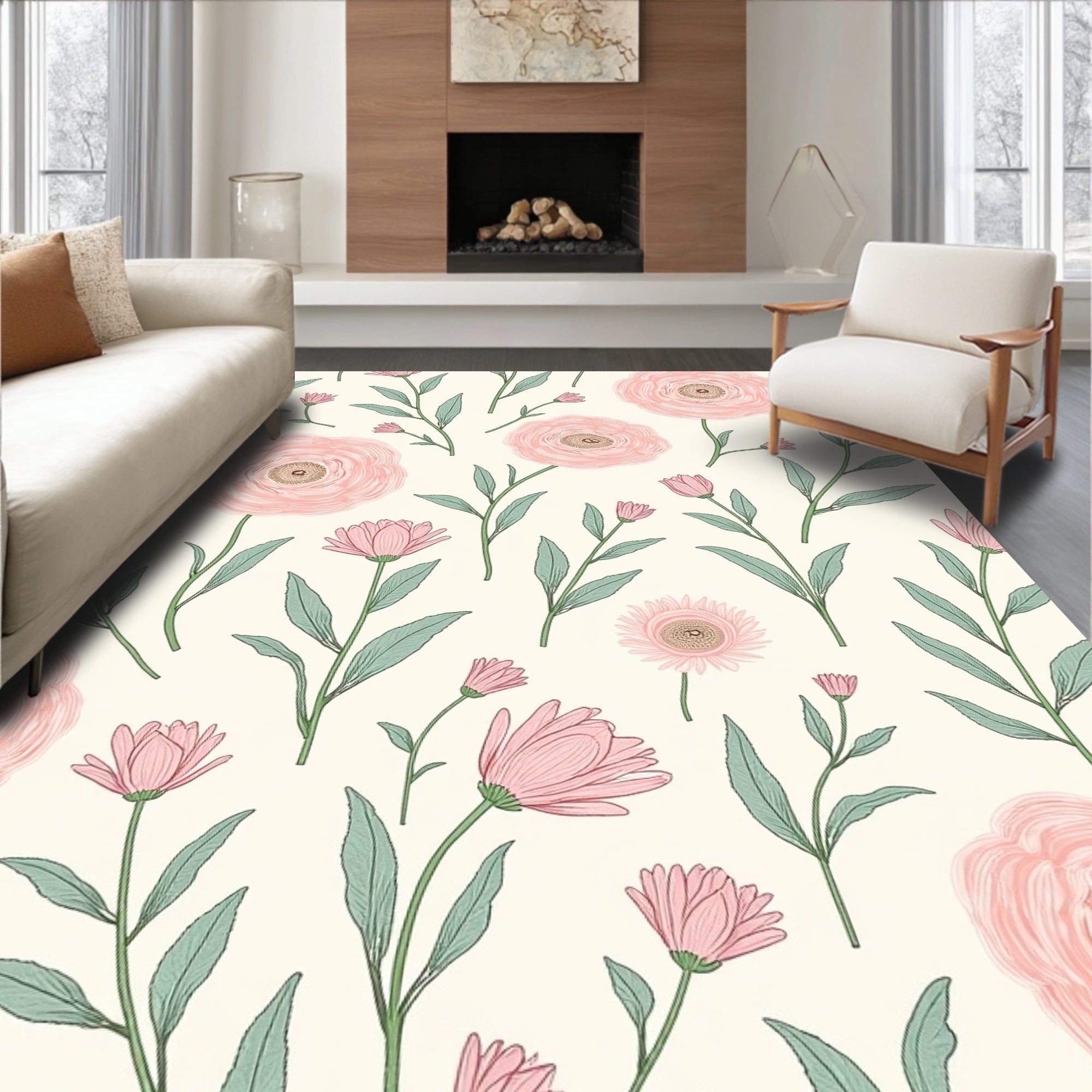 Delicate Pink Floral Botanical Pattern Rug