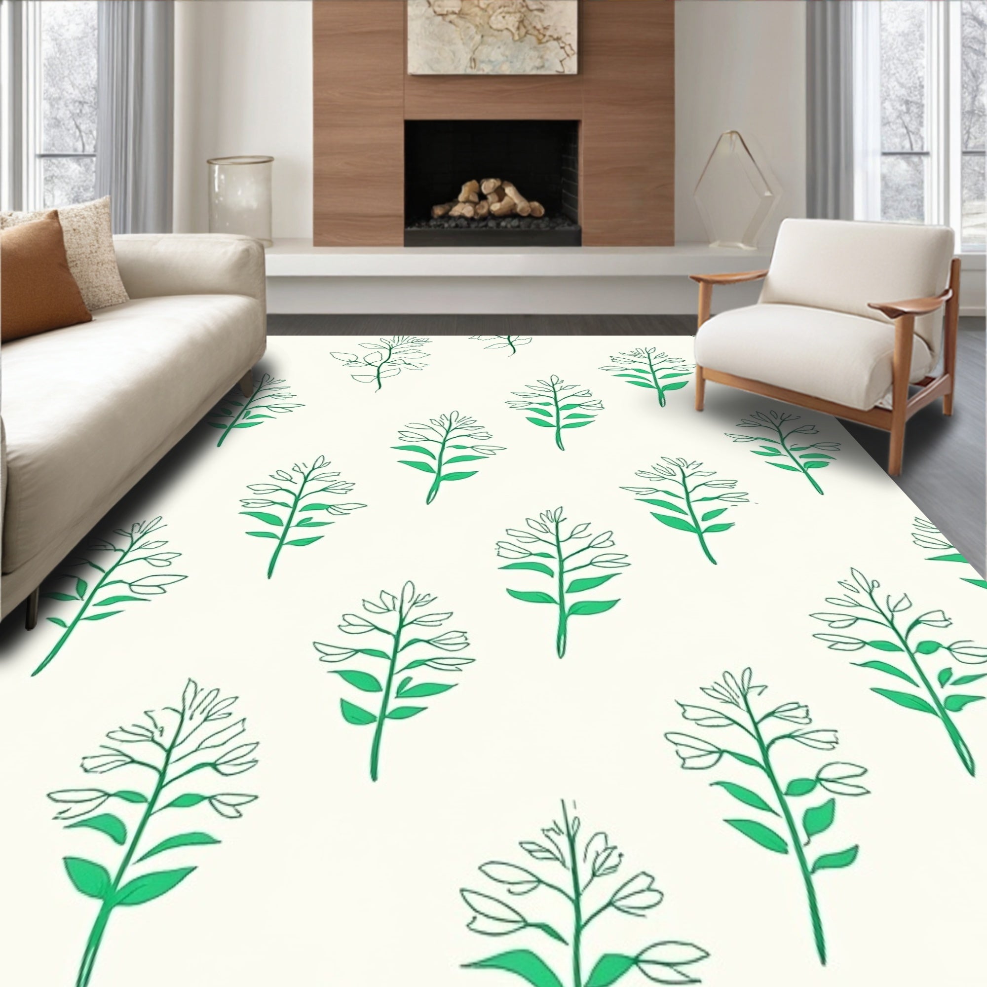 Green Botanical Sketch Pattern Rug