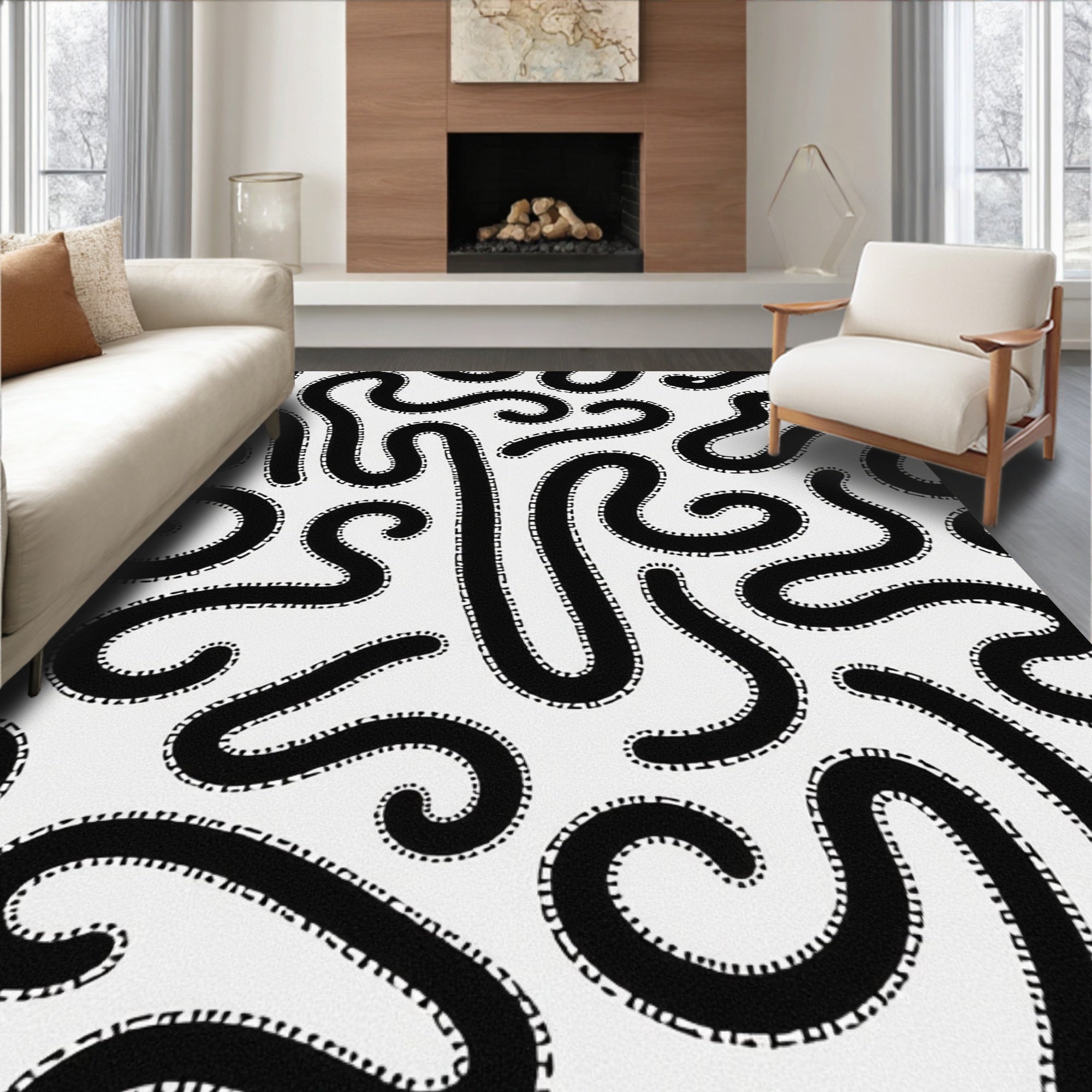 Black Organic Winding Lines Rug