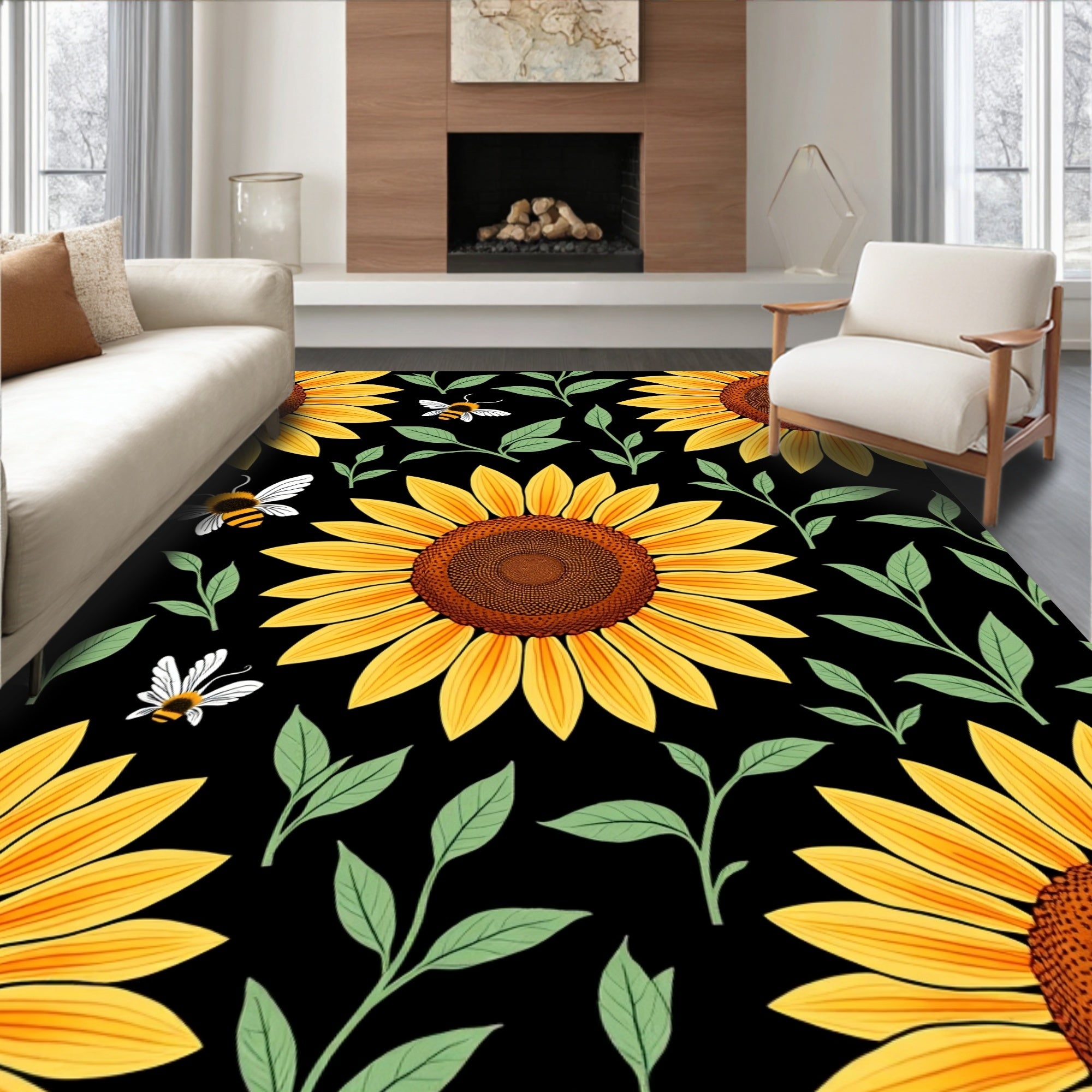 Sunny Sunflower Bees Pattern Rug