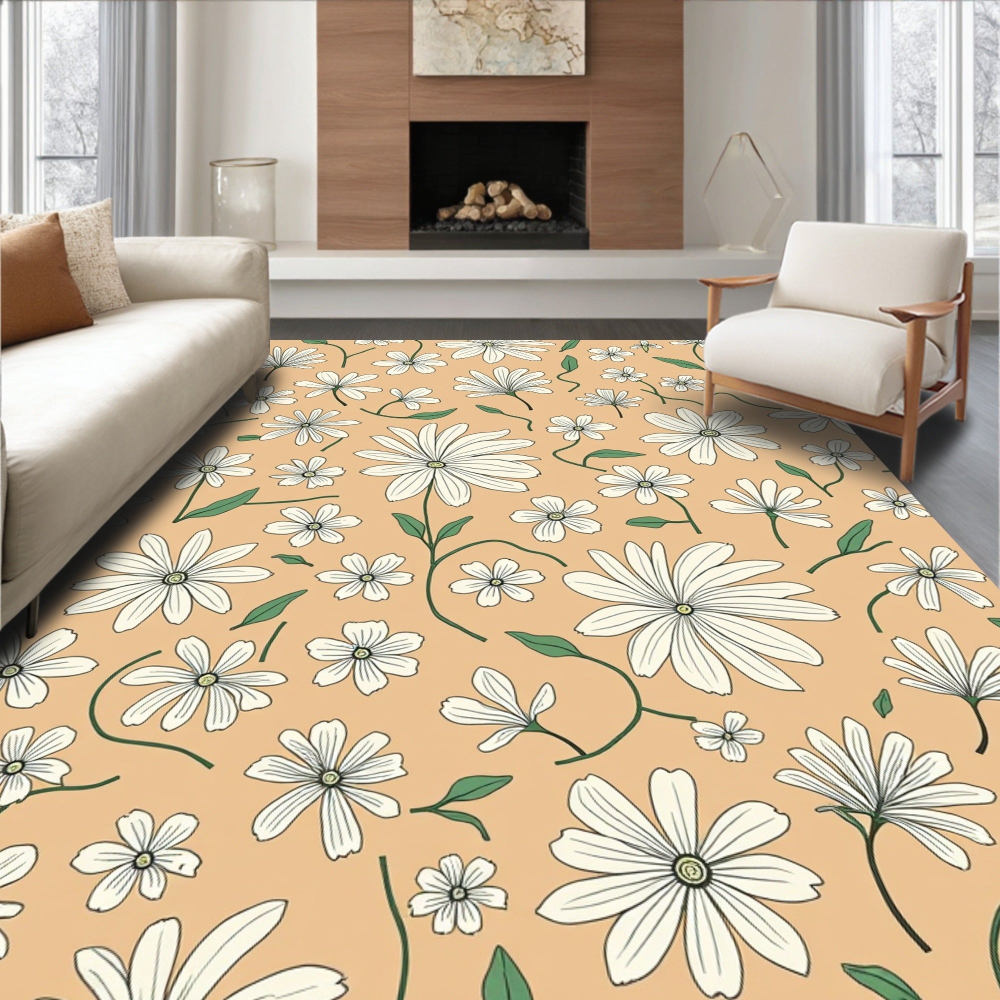 White Daisy Patterned Peach Rug
