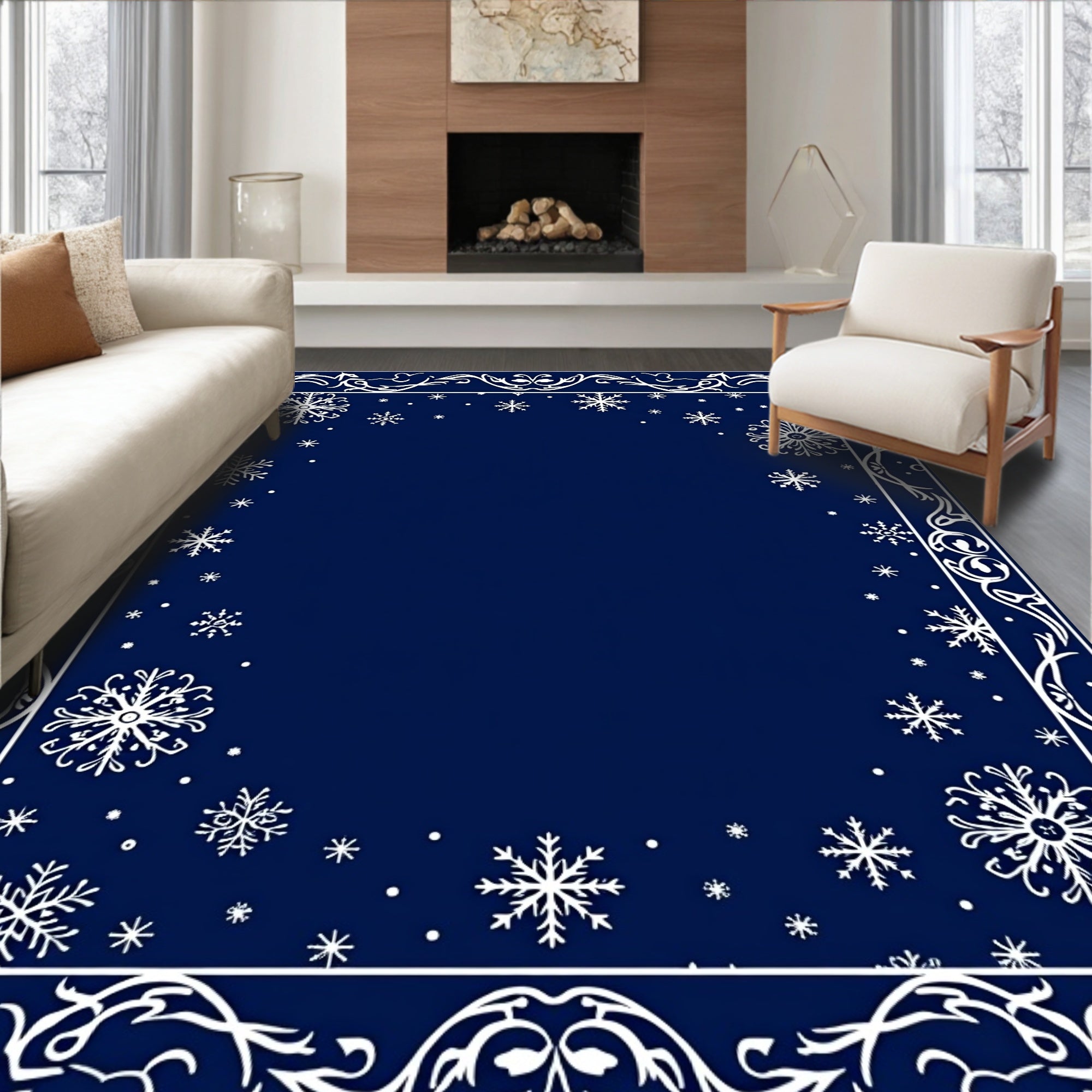 Navy White Snowflake Border Rug