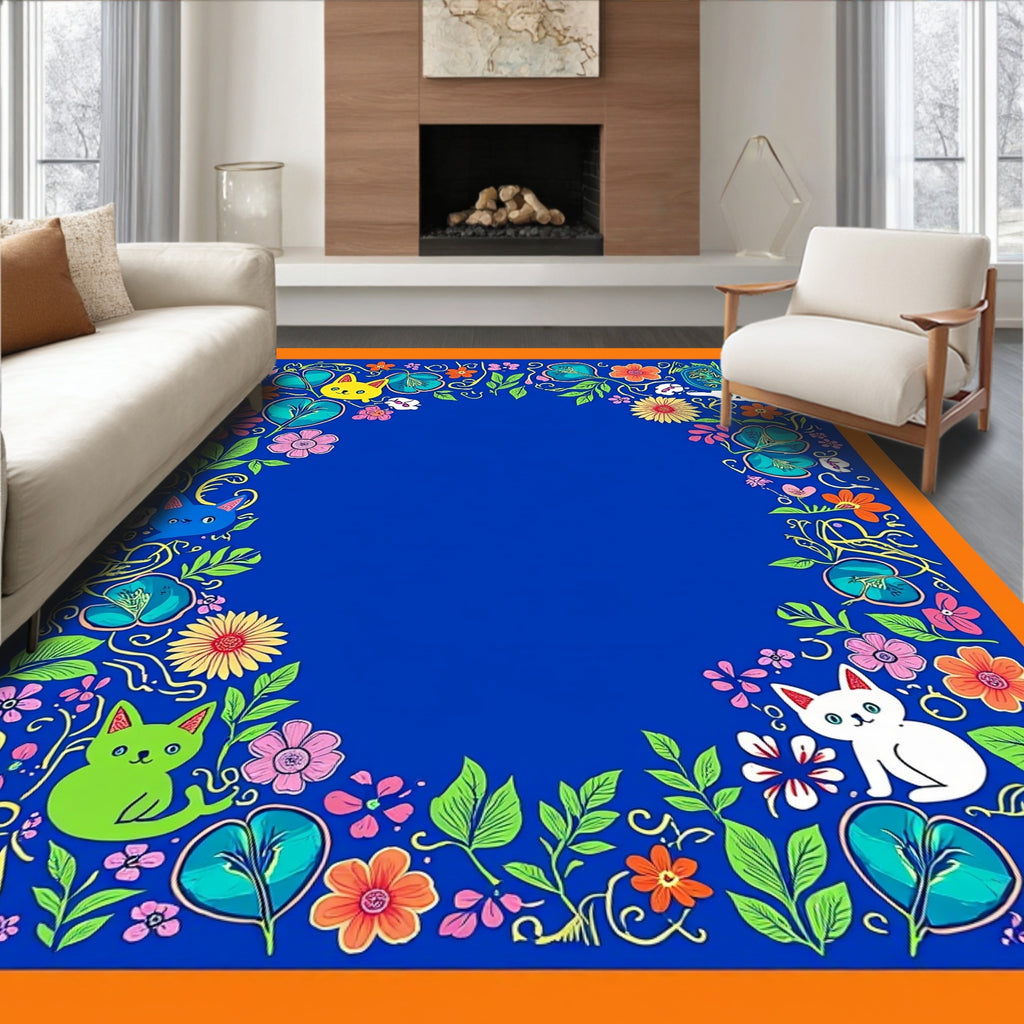 Whimsical Cat Flower Garden Design Rug