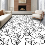Black White Outline Botanical Pattern Rug