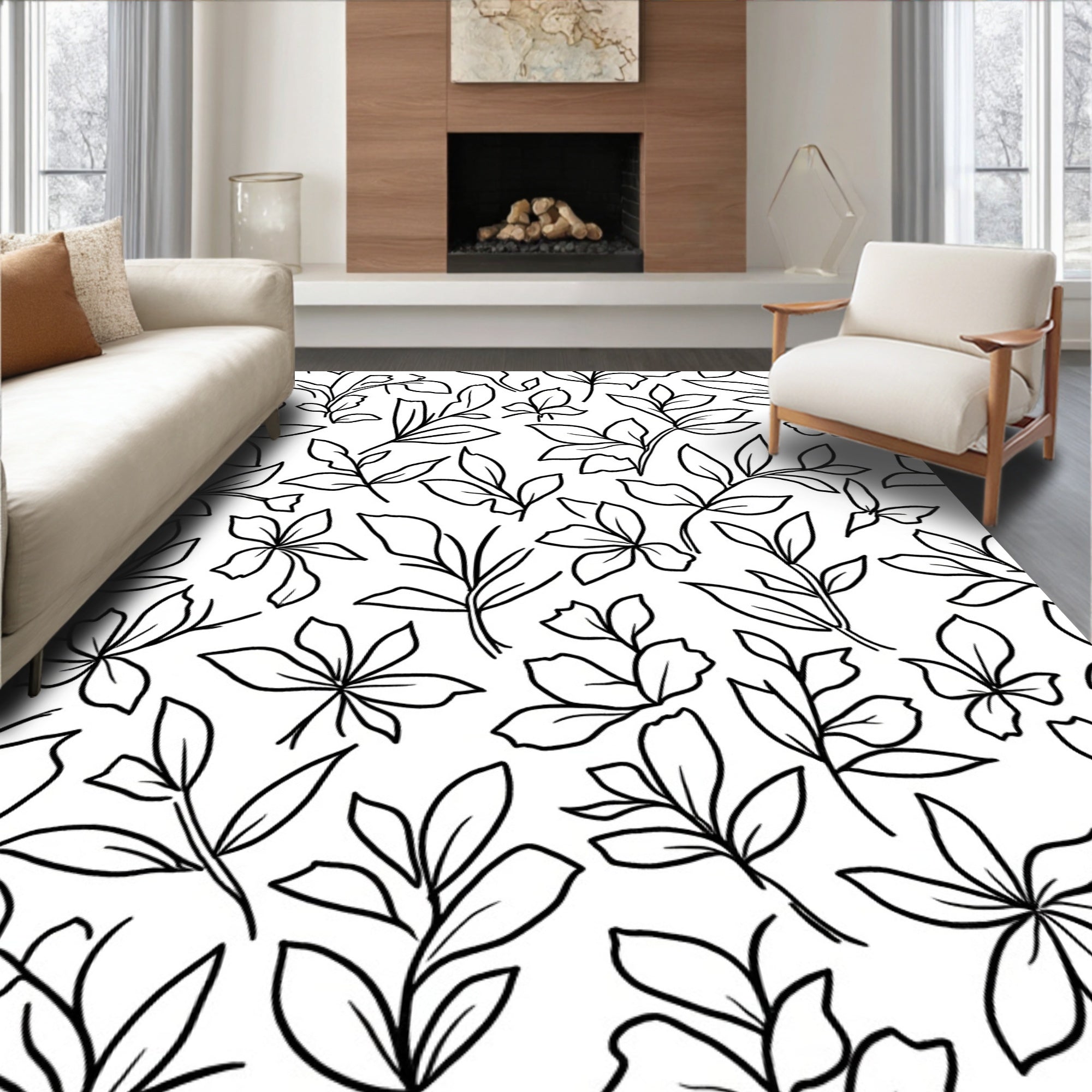 Black White Outline Botanical Pattern Rug
