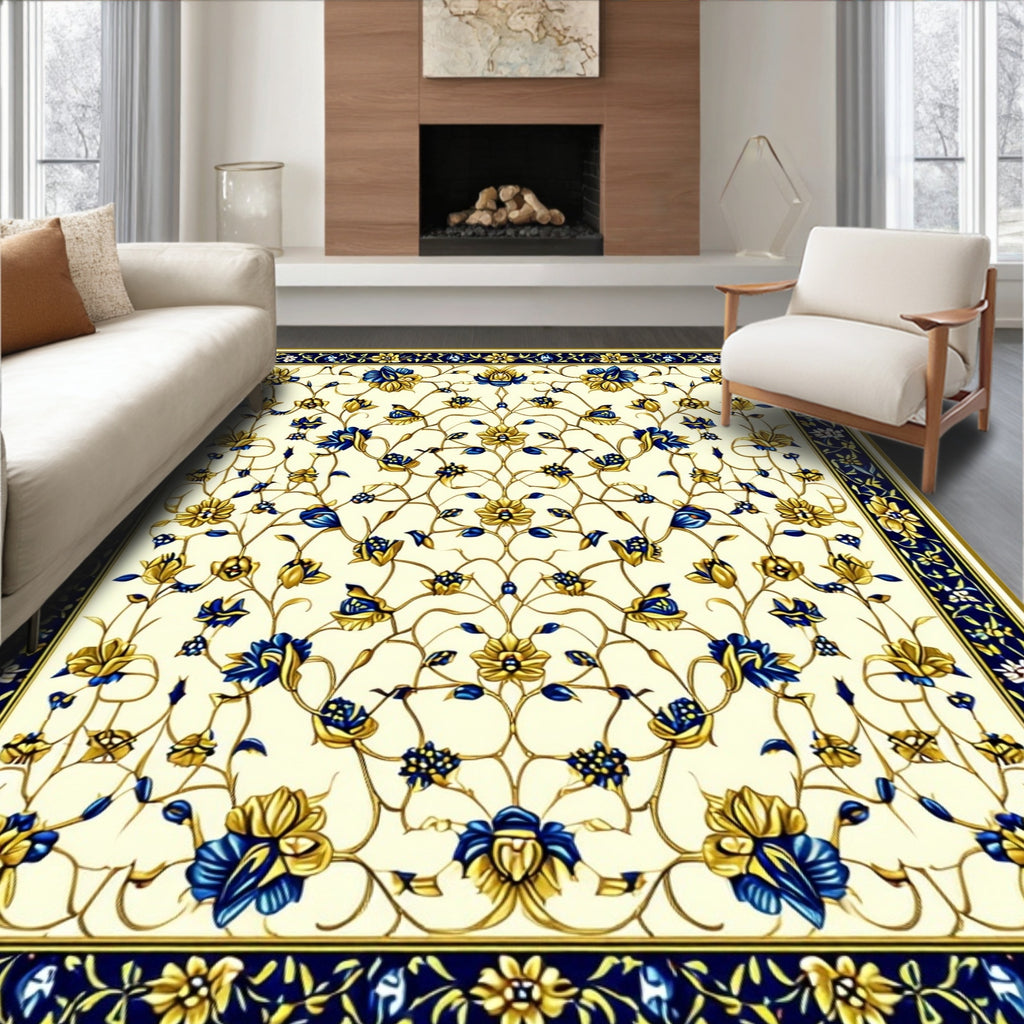 Intricate Floral Garden Blue Gold Design Rug