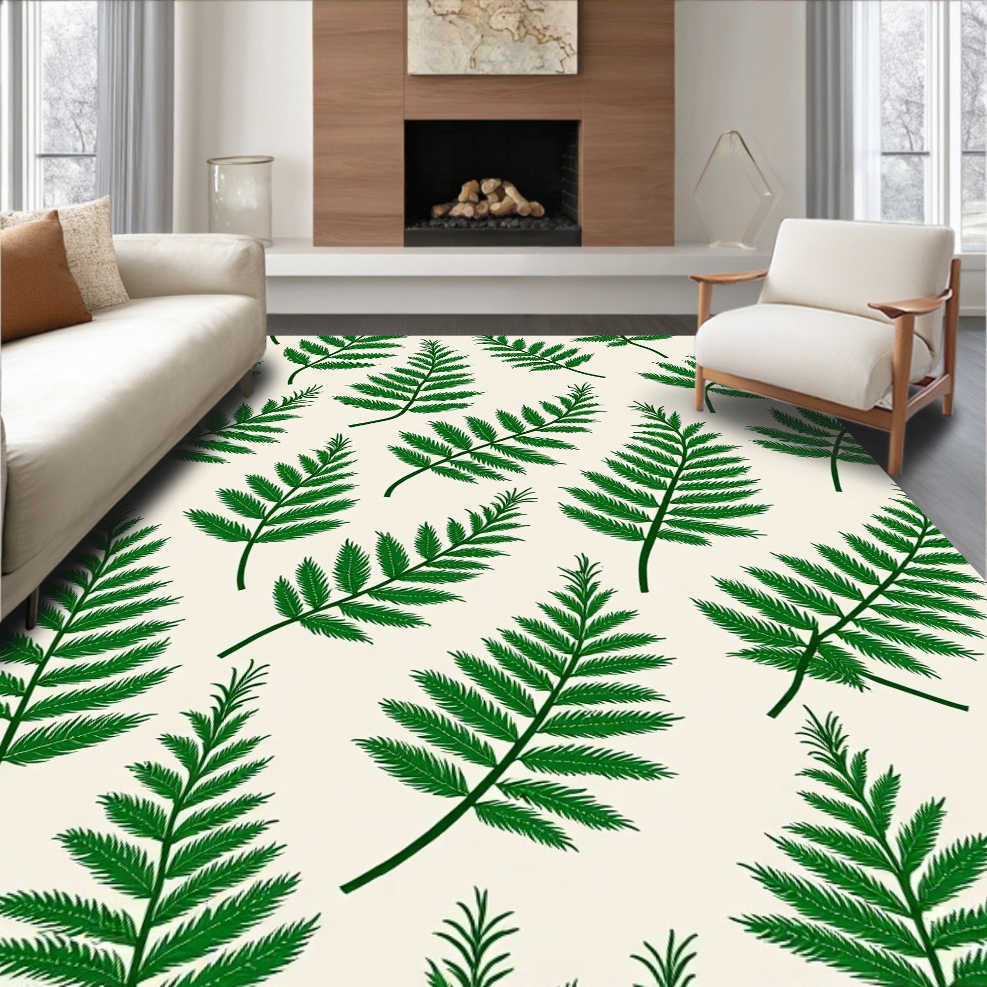 Green Fern Leaf Patterned Rug