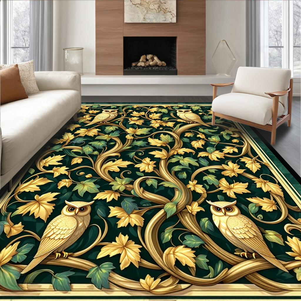 Golden Owl With Leafy Vine Pattern Rug