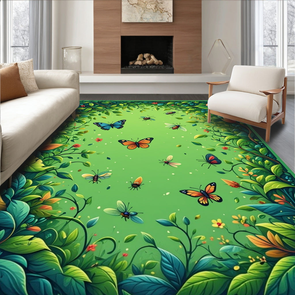 Lush Greenery With Butterflies Bees Rug