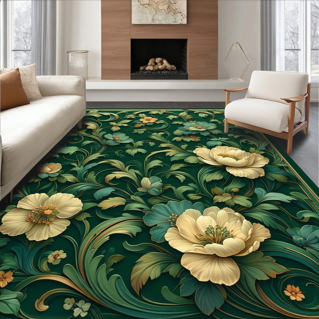 Rich Emerald Floral Scroll Design Rug