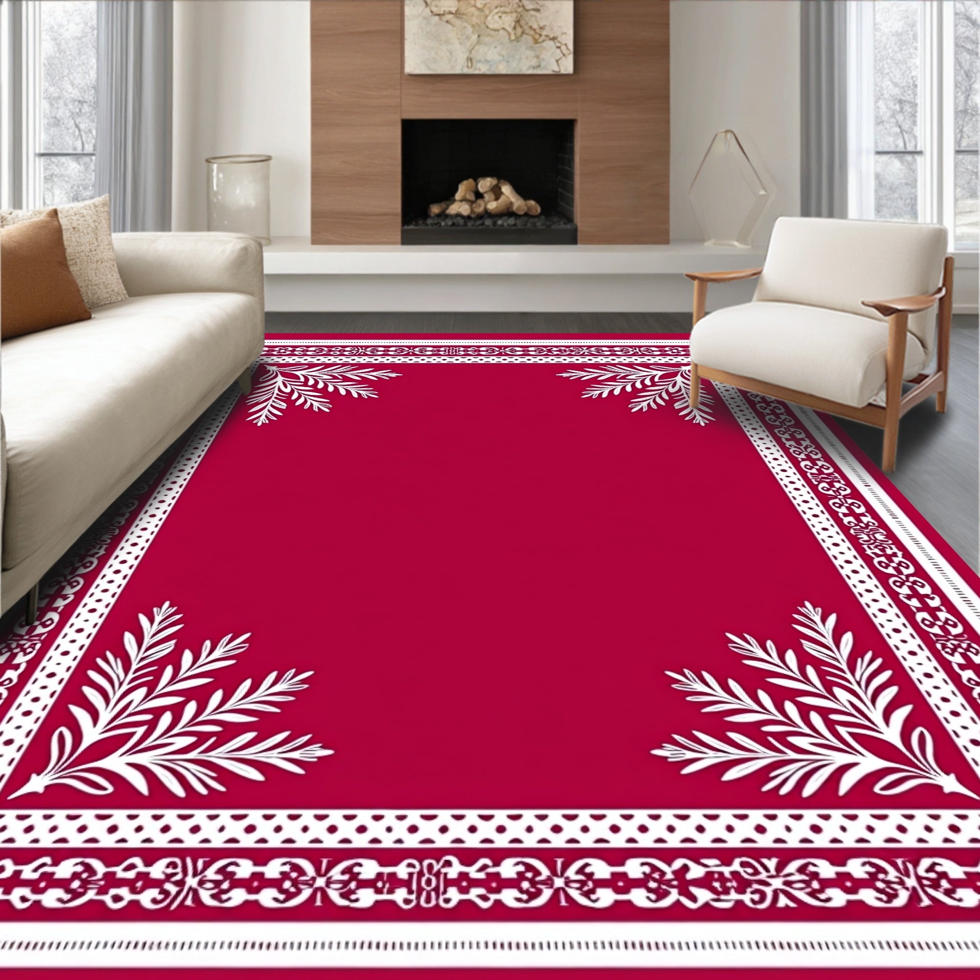 Crimson Fern Border Frame Rug