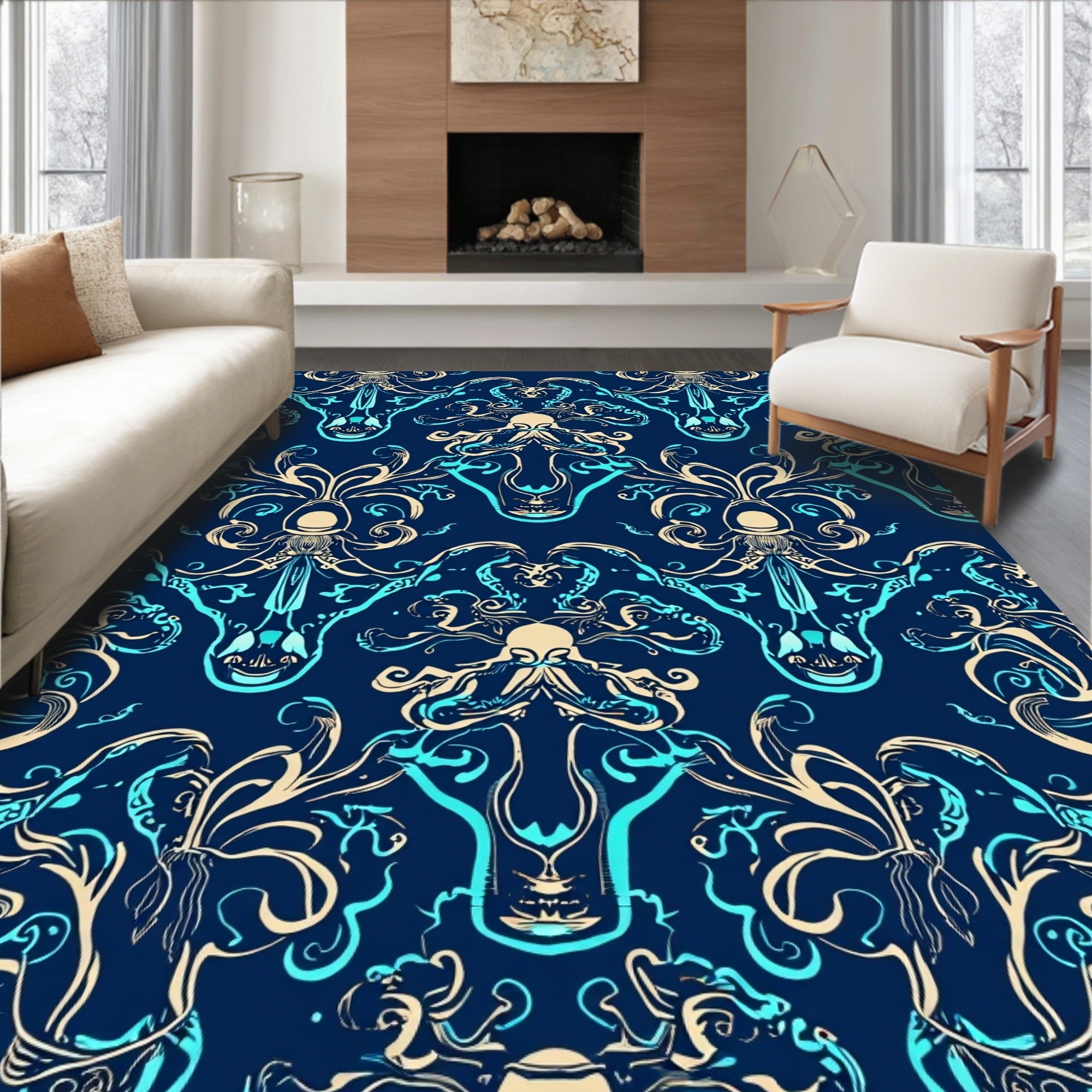 Teal Tan Marine Creature Pattern Rug