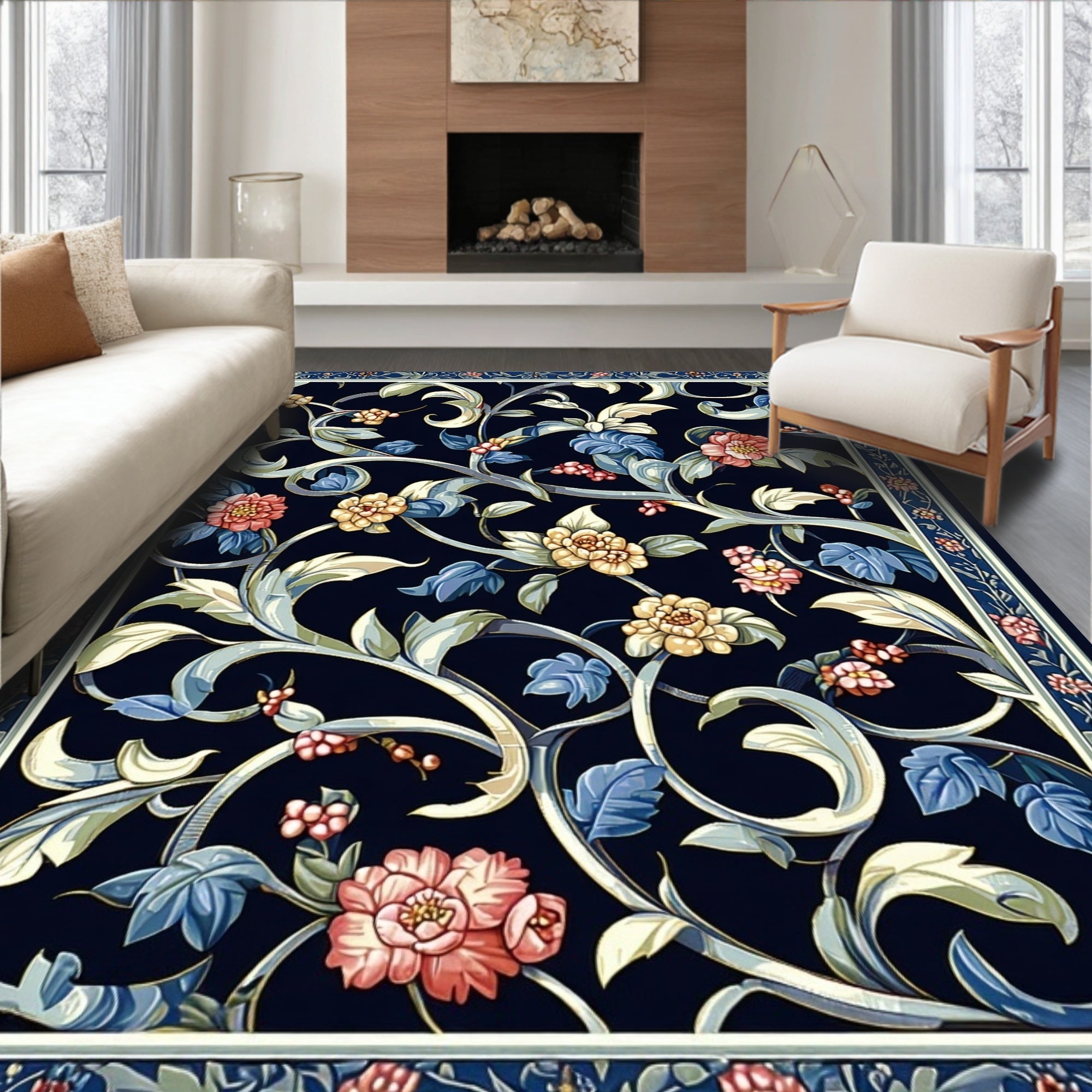 Dark Floral Vine Botanical Pattern Rug