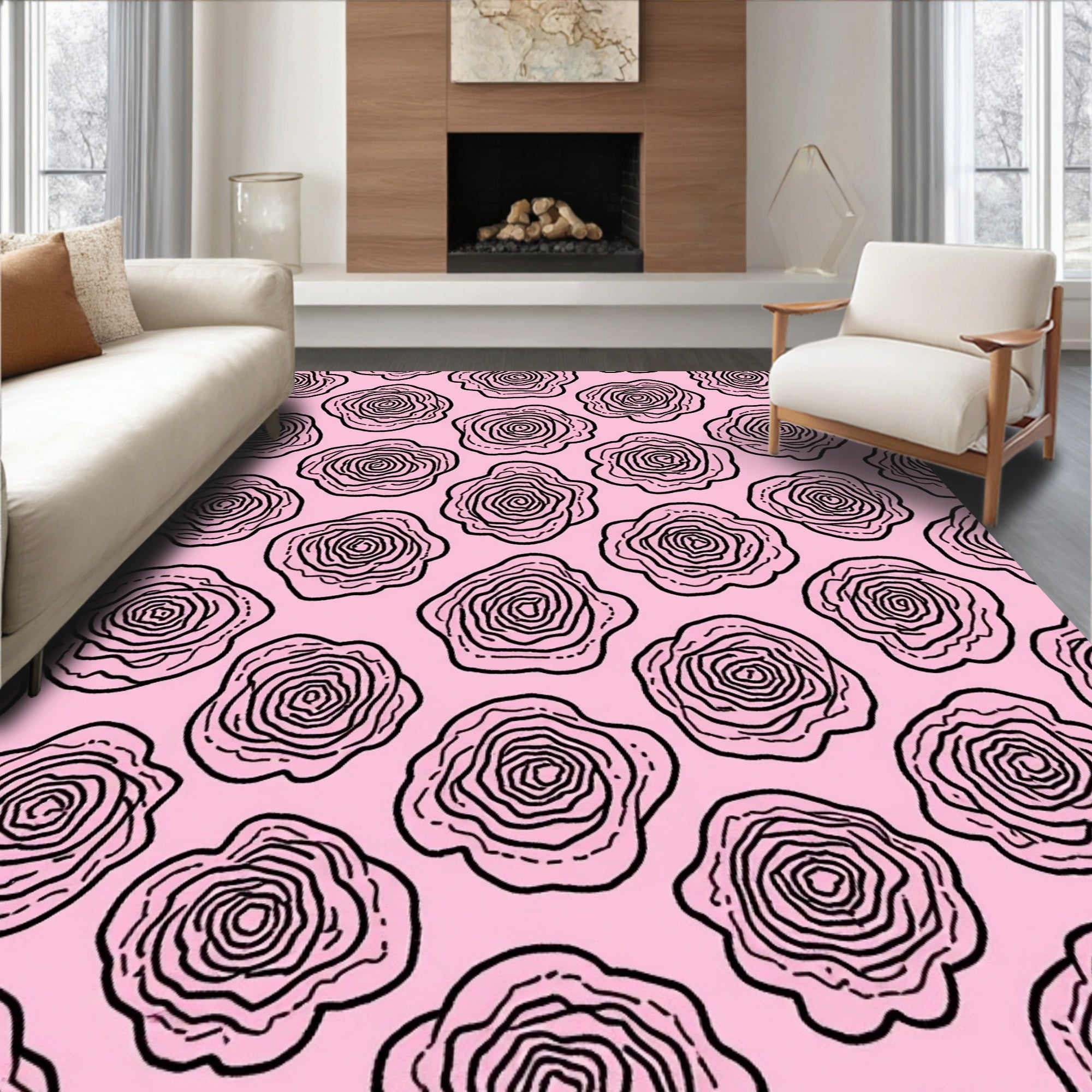 Hand Drawn Rose Pattern Print Rug