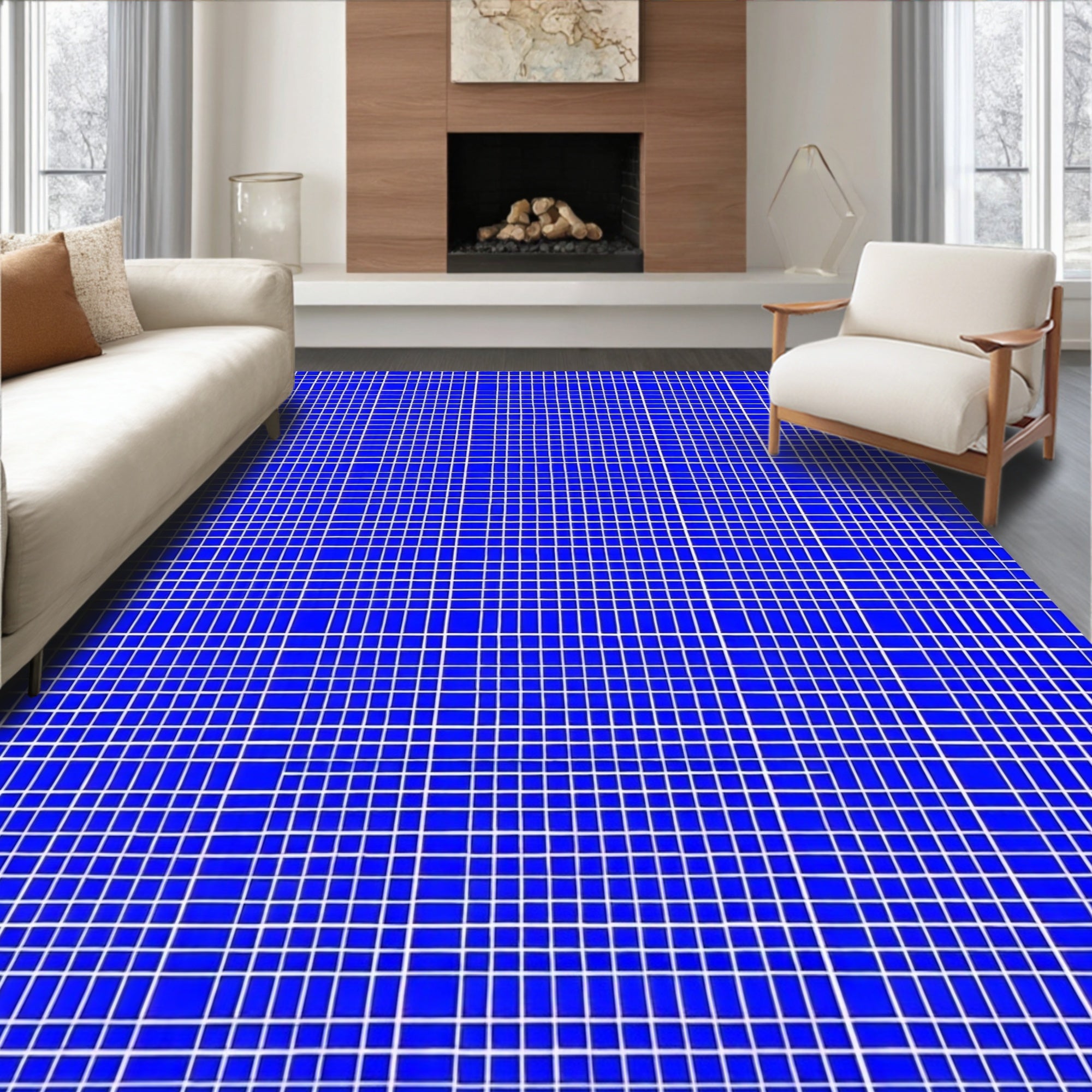 Bright Blue White Grid Pattern Rug