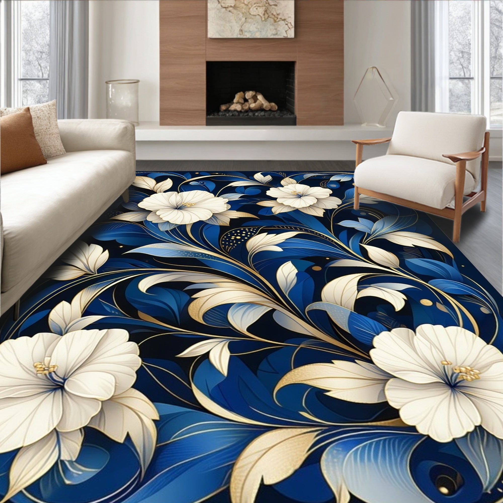 Royal Blue White Floral Art Rug