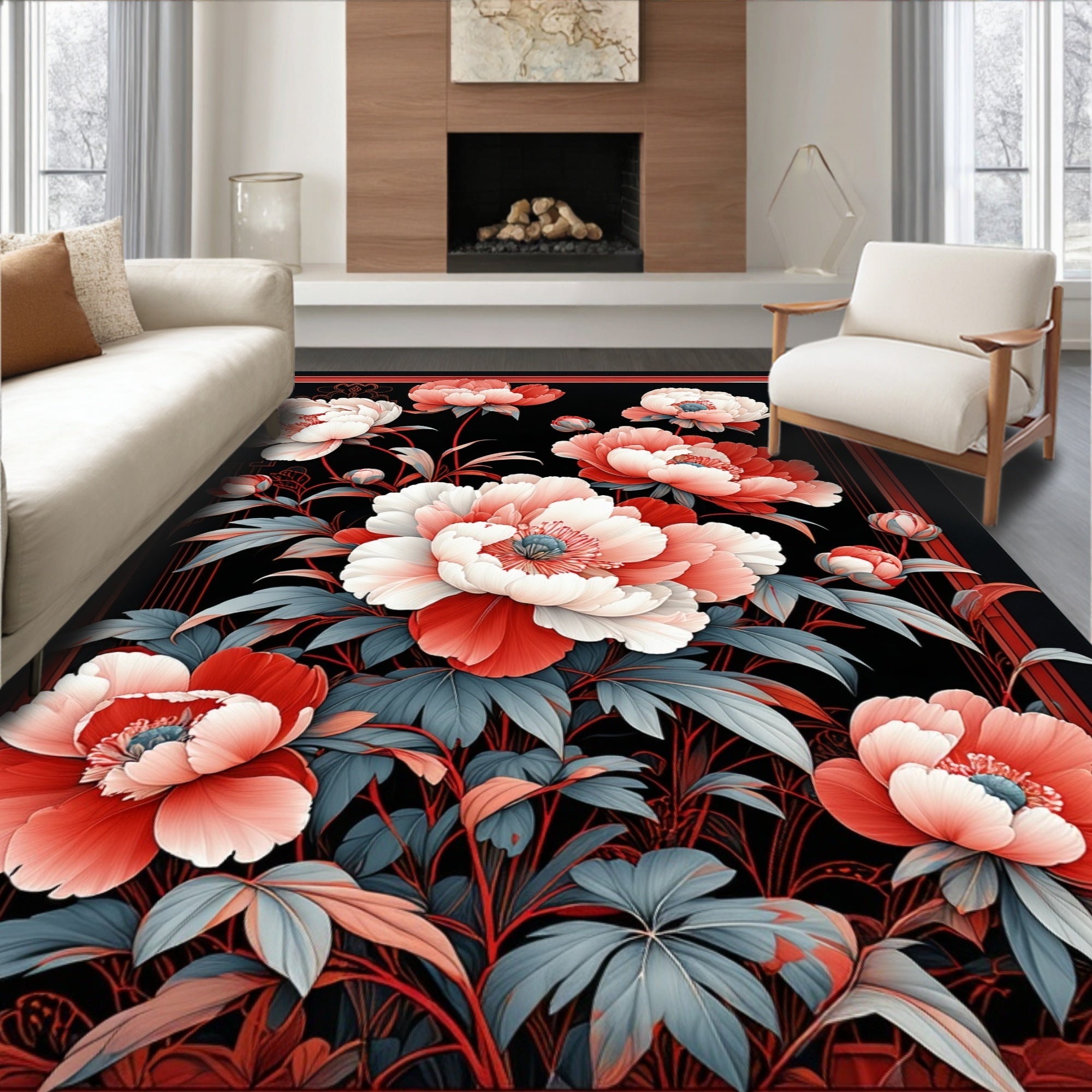 Bold Floral Print Red White Rug