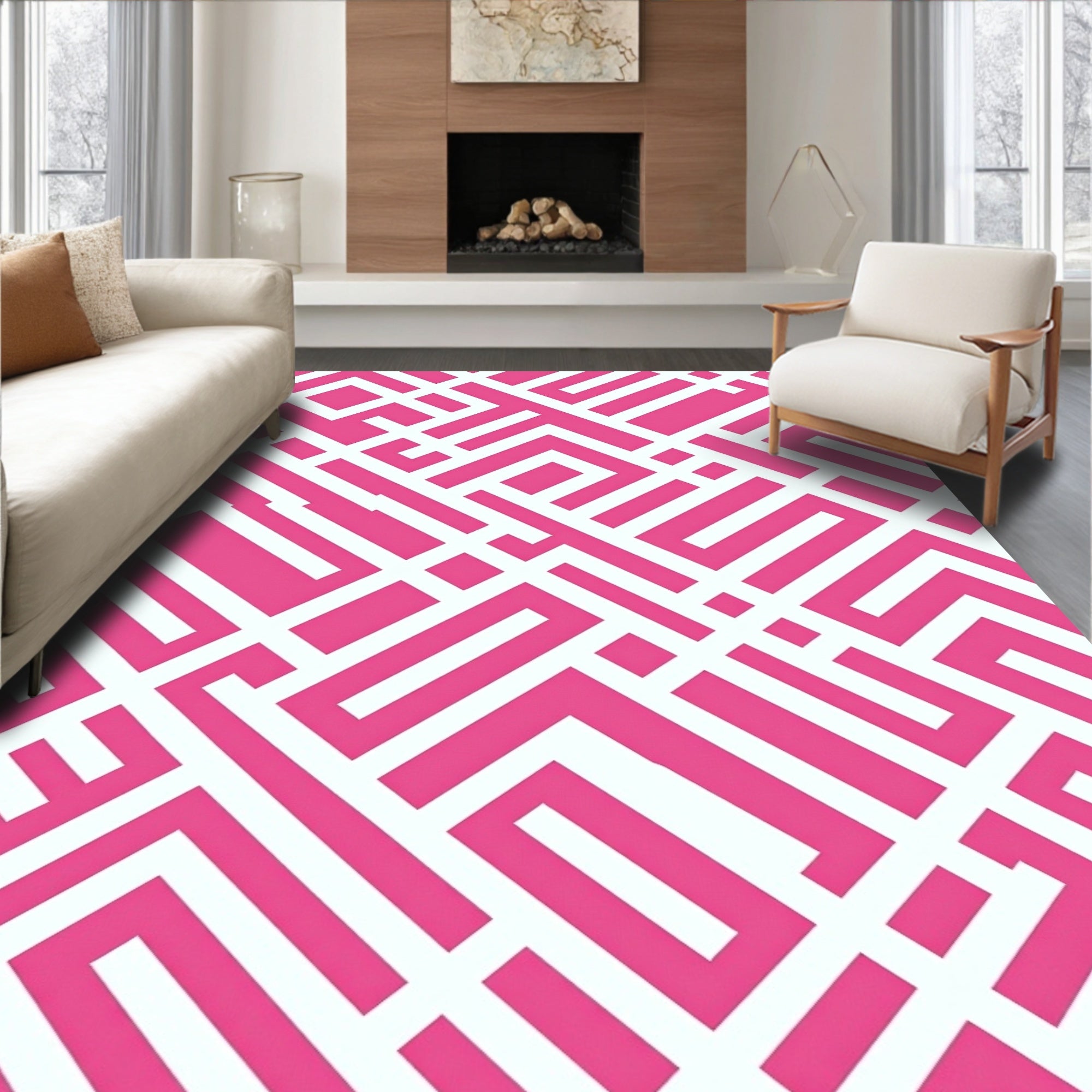 Vibrant Pink White Geometric Maze Rug