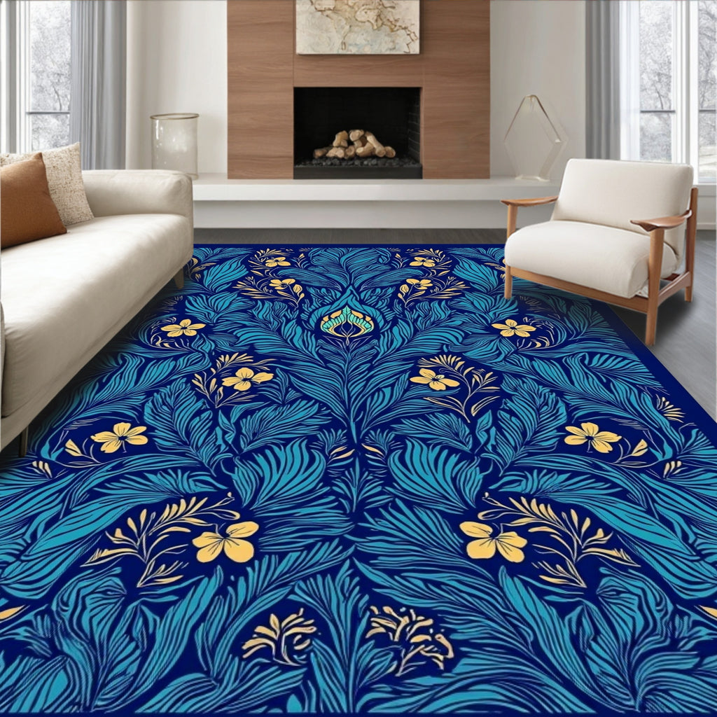 Art Nouveau Floral Blue Yellow Design Rug