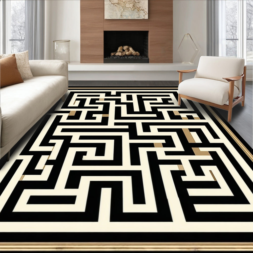 Modern Black And Cream Maze Design Rug