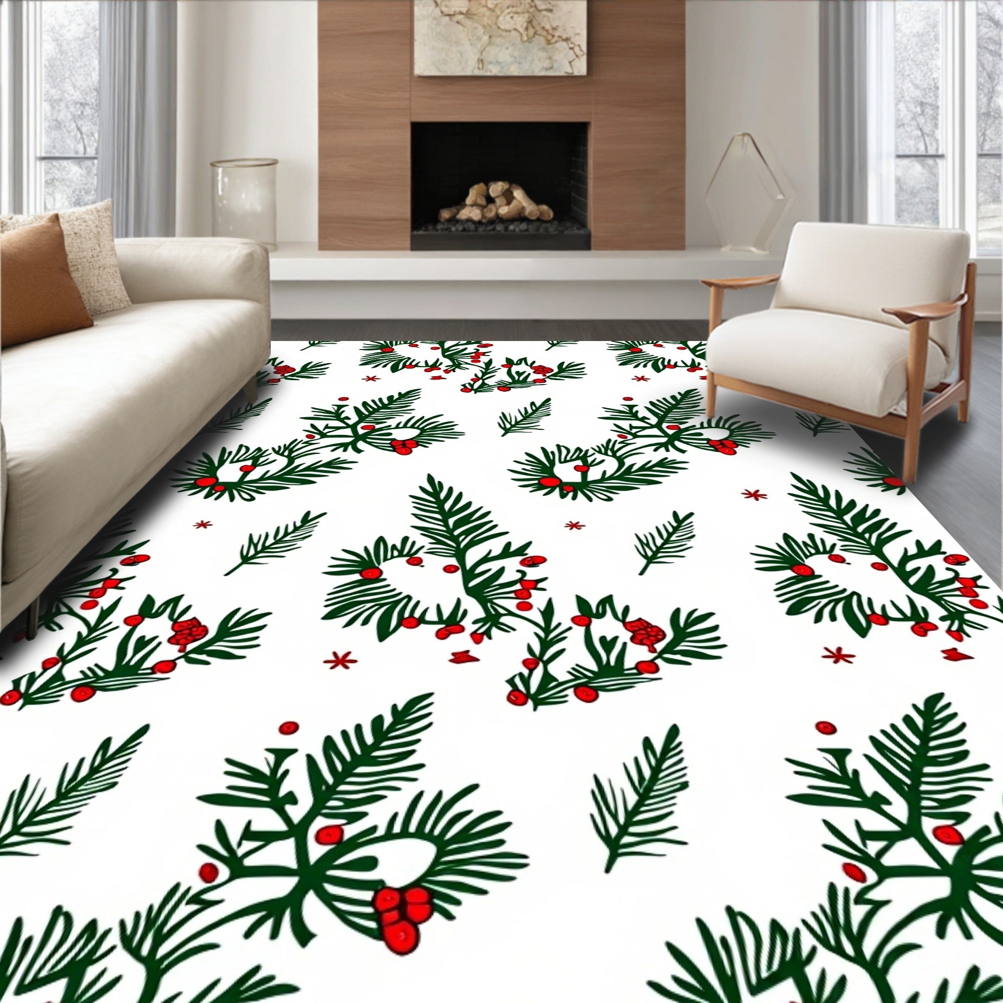 Green Pine Berry Sprig Repeating Arrangement Rug