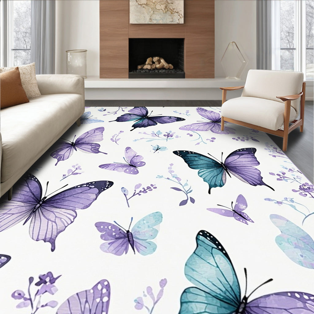 Purple Butterfly Watercolor Garden Design Rug