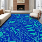 Blue Tropical Leaf Pattern Rug