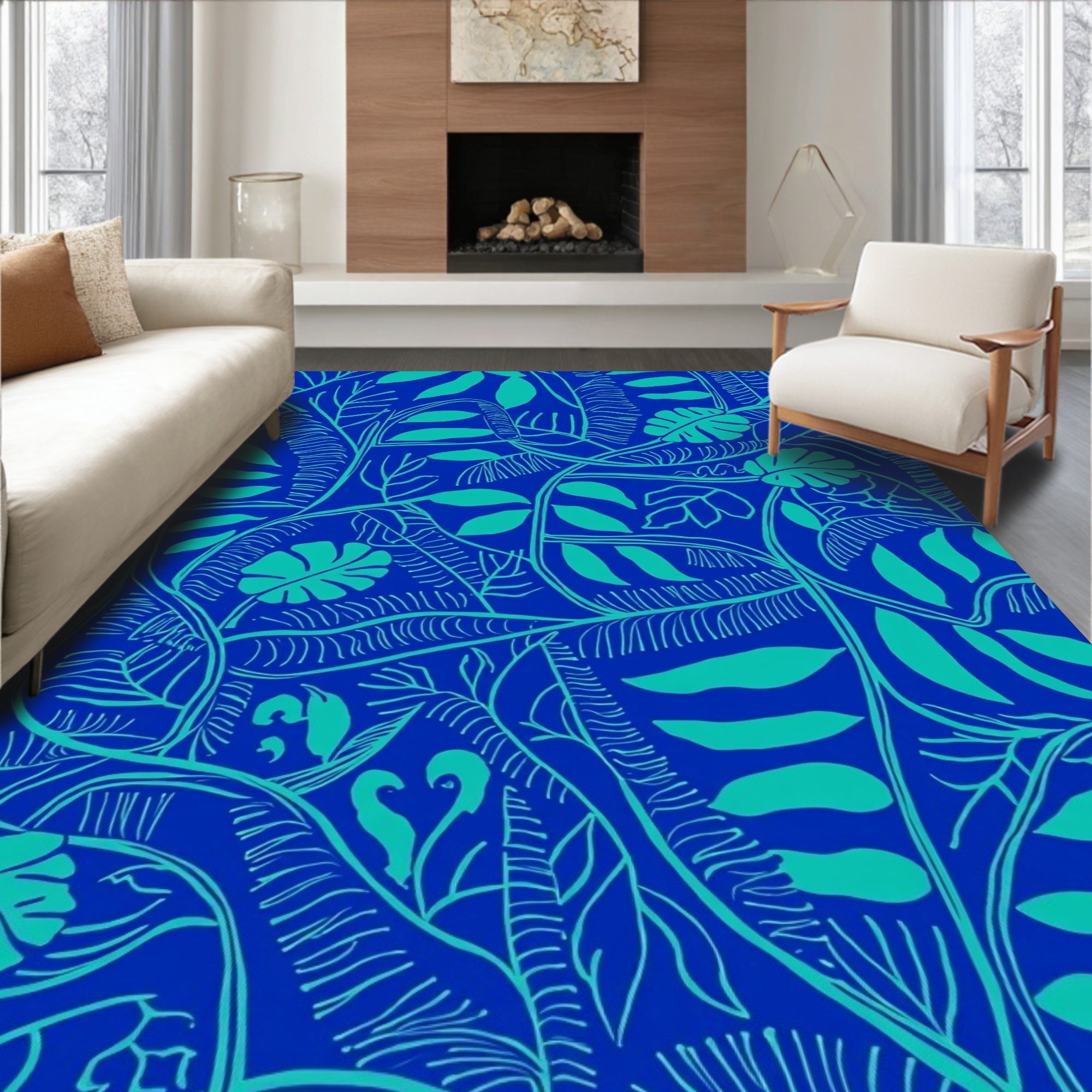 Blue Tropical Leaf Pattern Rug