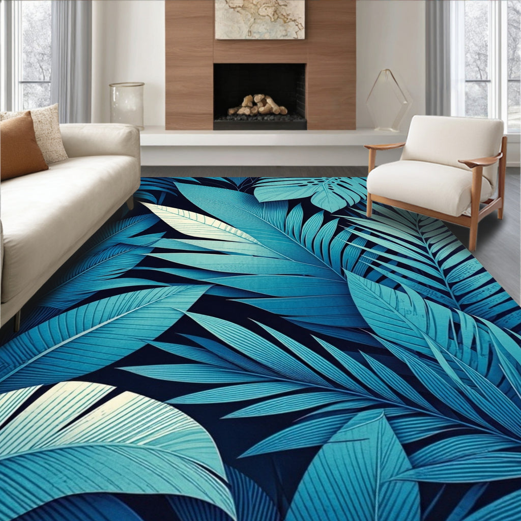 Blue Tropical Leaf Pattern Rug