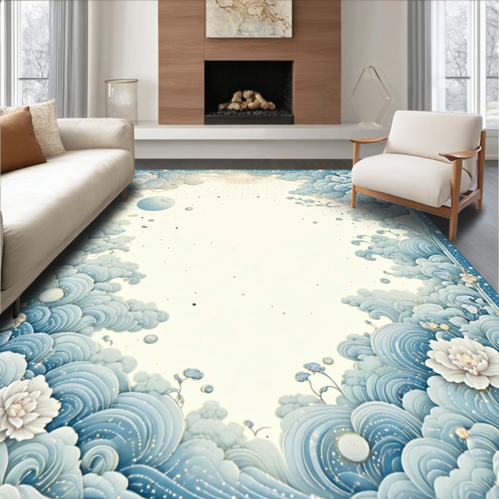 Dreamy Sky Clouds Floral Pattern Rug