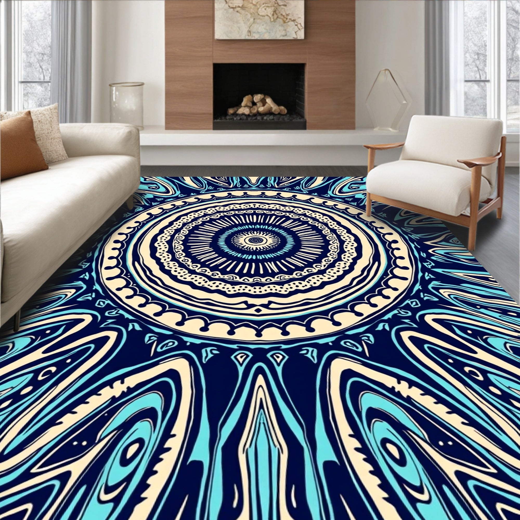 Symmetrical Aqua Swirl Mandala Pattern Rug