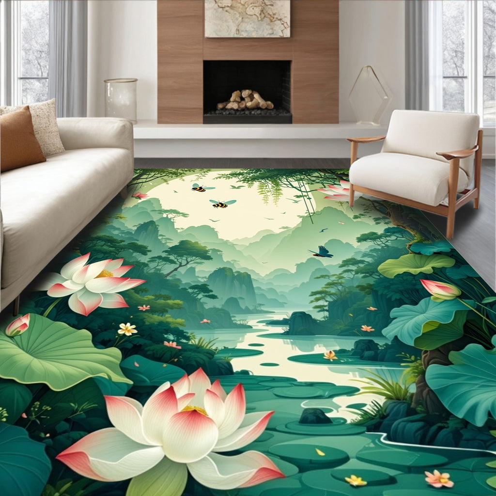 Dreamy Mountain Lotus Garden Scene Rug